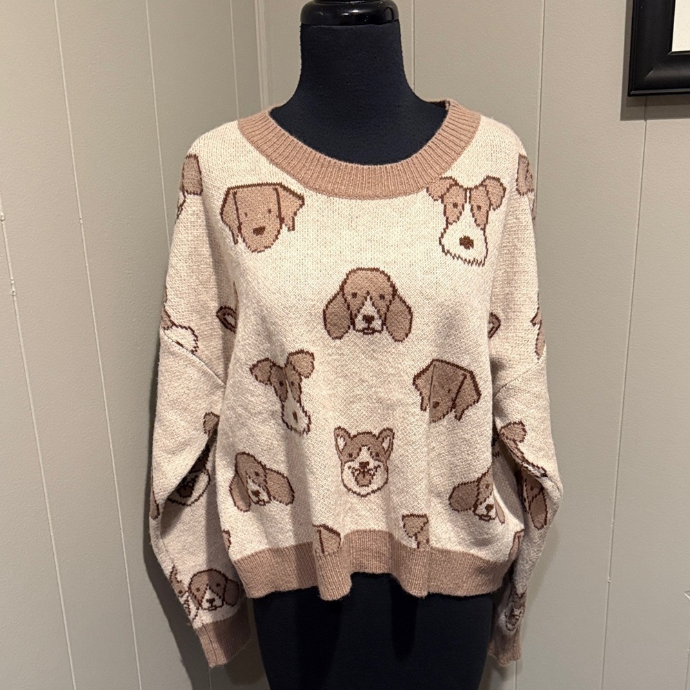 Debut Women Medium Dog Canine Motif Sweater - Cream and Tan